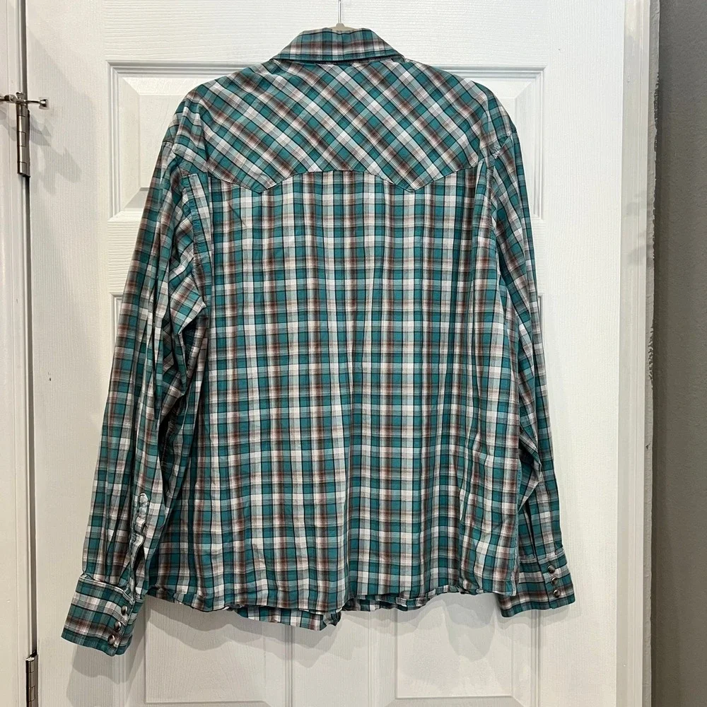 Wrangler Retro Western Shirt Cotton Blend Plaid Teal Brown XXL Regular Fit